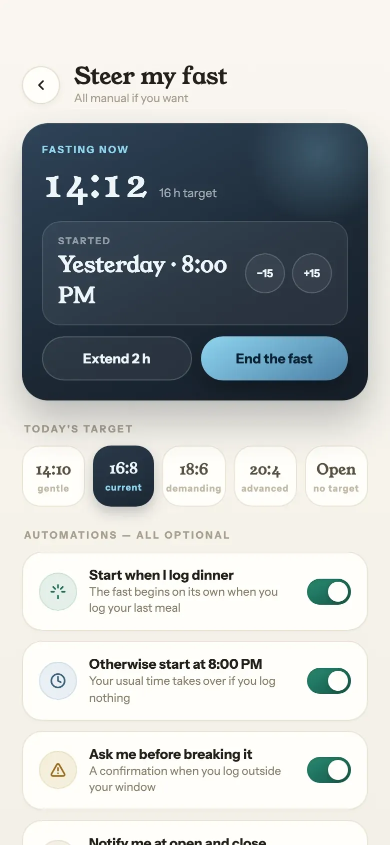 Manual control of the fasting window, and the question asked at sign-up.