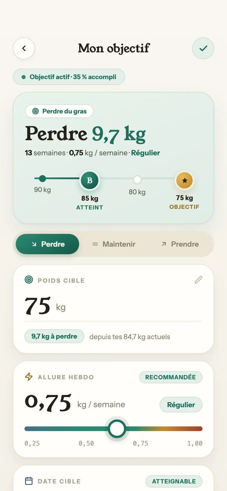 L'écran d'objectif avec ses jalons intermédiaires et le profil.