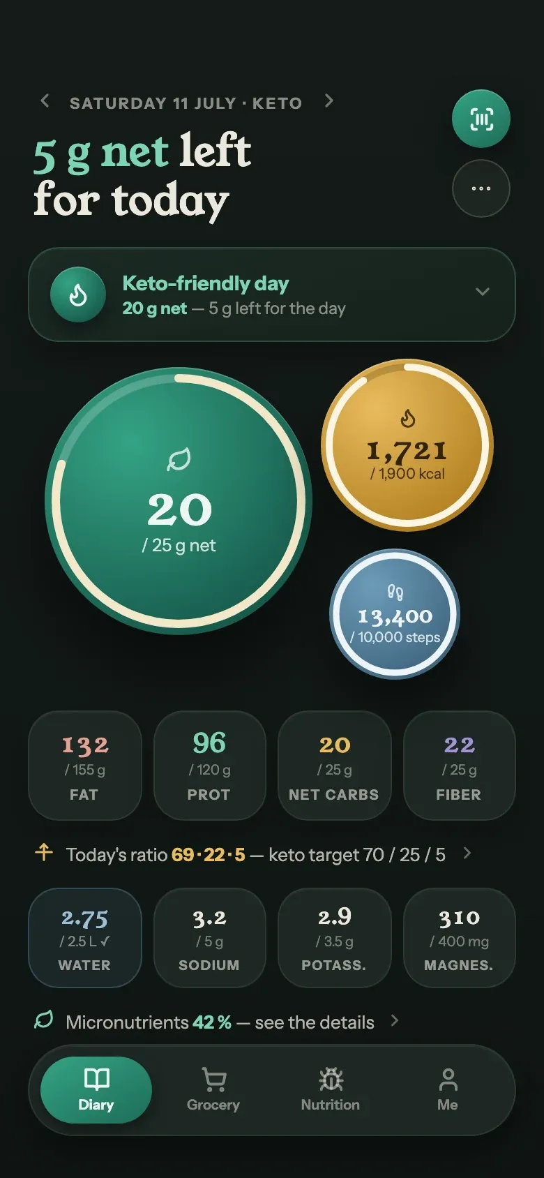 The diary in keto mode tracking net carbs, and the filtered food search.
