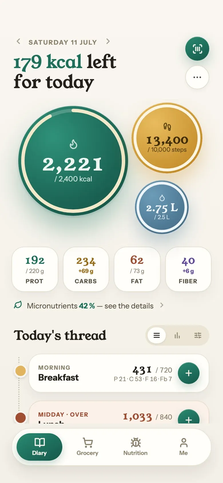 Today's diary in the app: calories left, goal rings, macros and meals.