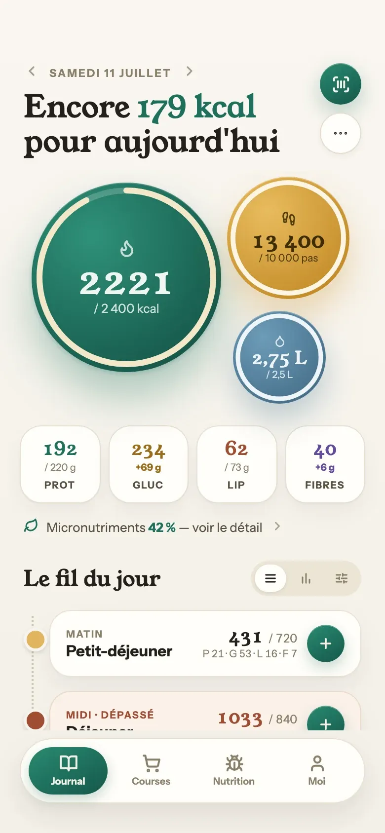 Le journal du jour dans l'app : calories restantes, anneaux d'objectif, macros et repas.