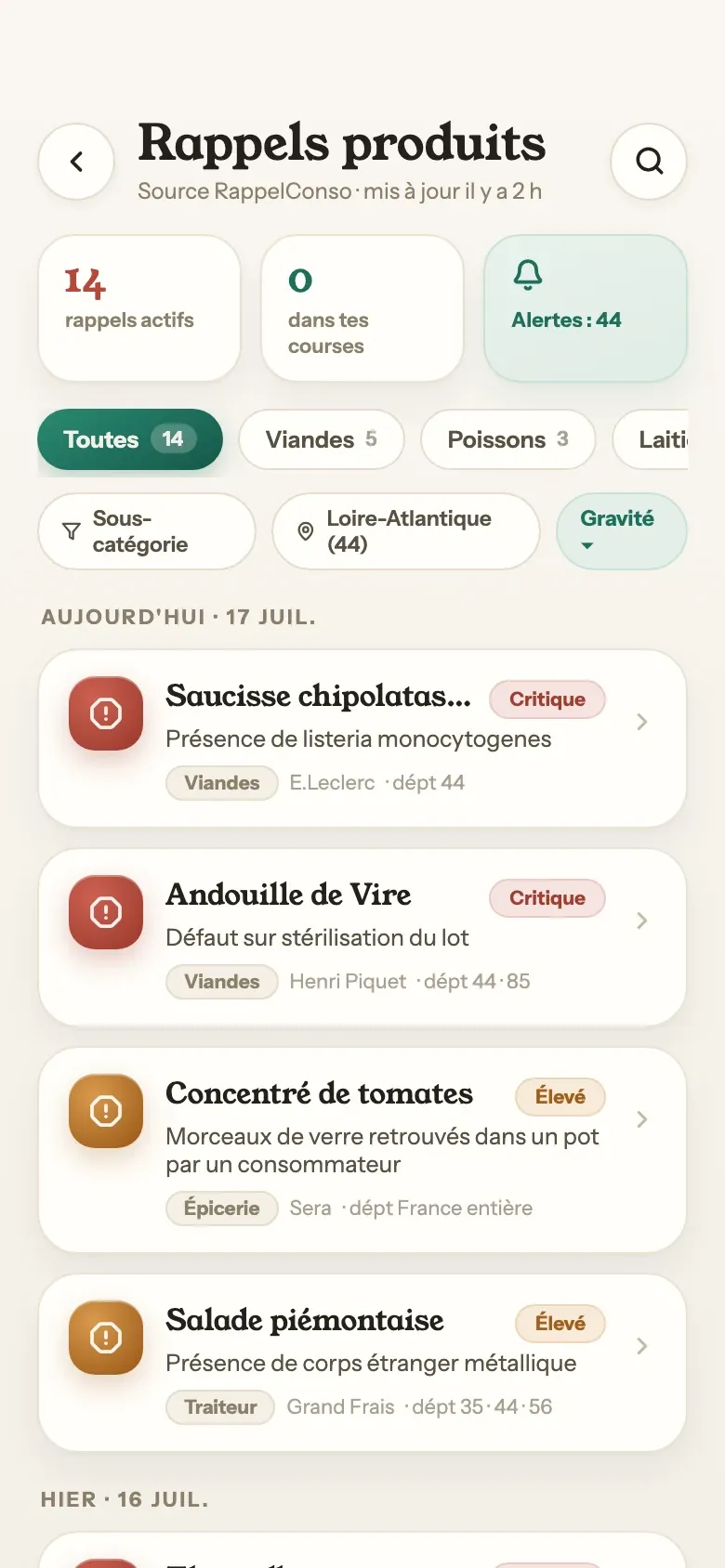 La liste des rappels produits et le détail d'une fiche de rappel.